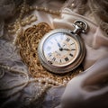 Timeless Elegance: A Vintage-inspired photograph capturing the beauty of a silver pocket watch resting on a delicate