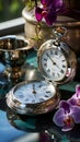 Timeless Elegance: Vintage Silver Pocket Watch in Enchanting Garden Setting Royalty Free Stock Photo