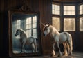 Timeless Encounter: Unicorn in Vintage Home Reflecting in Life-Size Mirror Royalty Free Stock Photo