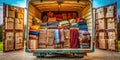A Timeless Glimpse Inside a Vintage Moving Van Stacked Blankets and Boxes a Retro Aesthetic for Relocation Royalty Free Stock Photo