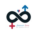 Timeless Loving Couple concept, vector symbol created with infinity sign and male Mars an female Venus signs. Relationship Royalty Free Stock Photo