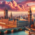 Big Ben and Parliament Houses Define London's Iconic Cityscape Along the River. Generative ai for illustrations