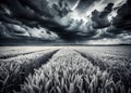 A Timeless Monochrome Landscape Dramatic Black and White Wheat Field Under a Striking Sky Capturing the Essence of Royalty Free Stock Photo