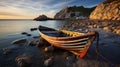 Vibrant Landscapes: A Flimsy Boat On A Rocky Beach