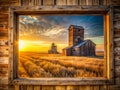 A Timeless Prairie Landscape An Old Farmhouse Windows Perspective on a Classic Grain Elevator Royalty Free Stock Photo