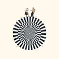 Contemporary art collage. Happy elderly couple of dancers dancing on huge circle with optical illusion pattern, design