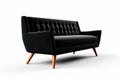 Timeless Retro: Teak Wood Leg Sofa with Vibrant Black Upholstery on White Background