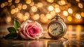 A Timeless Still Life Vintage Clock Single Rose and the Passing of Time in a TiltShift Perspective Royalty Free Stock Photo