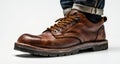 Timeless style - A close-up of a classic brown leather boot with yellow laces