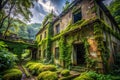 A Timeless Tapestry of Decay MossDraped Ruins of an Abandoned Structure in a Gloomy NatureReclaimed Setting