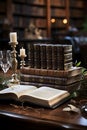 Stack of Vintage Leather Books on a Desk