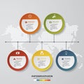 Timeline description. 5 steps timeline infographic with global map background. Royalty Free Stock Photo