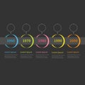 Timeline Infographic colorful hanging circles, ribbon and text. Black background Template. Flat design Royalty Free Stock Photo