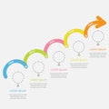 Timeline Infographic upwards arrow with dash line circles and text. Template. Flat design.