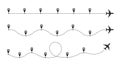 Timeline plane route. Flight paths with dashed line and airplane icons, roadmap infographic and travel path routes with