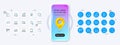Timer, Buying house and Shields line icons. For web app, printing. Phone mockup with 3d map pin icon. Vector