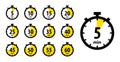 Timer and clock icons set. Vector times of 10, 15, 30, 45, 40, 50, 35, 25, 60, 5 minutes. Stopwatch, chronometer, watch with