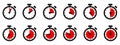 Timer, clock, stopwatch isolated set icons with different time. Countdown timer symbol icon set. Sport clock with red colored time