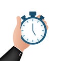 Timer hand in cartoon style. Business management. Stopwatch icon vector. Time management. Vector stock illustration. Royalty Free Stock Photo