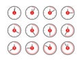 Timer icons. Analog clocks dial with red arrows different positions. Countdown minutes. Round timepieces. Time measuring