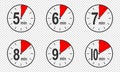 Timer icons with 5, 6, 7, 8, 9, 10 minute time interval. Countdown clock or stopwatch symbols. Infographic elements for