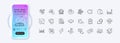 Timer, Inspect and Event click line icons for web app. Pictogram icon. Phone mockup gradient screen. Vector