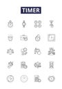 Timer line vector icons and signs. stopwatch, chronometer, countdown, interval, delay, ordnance, meter, markers outline Royalty Free Stock Photo