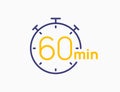 Timer 60 minutes line icon clock. Countdown stopwatch vector digital sport time. Chronometer 60 minute timer.