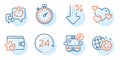 Timer, Seo gear and Low percent icons set. 24 hours, Bus parking and Like signs. Vector Royalty Free Stock Photo