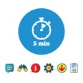 Timer sign icon. 5 minutes stopwatch symbol.