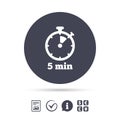 Timer sign icon. 5 minutes stopwatch symbol.