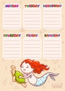 Timetable with days of weeks for school. Vector schedule for children with cartoon mermaid and turtle