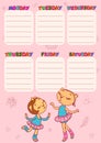 Timetable for school with cute cat-girls. Vector printable template for children