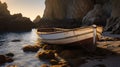 Golden Light: A Photo-realistic Rendering Of An Old Wooden Boat On A Secluded Beach