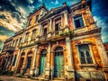 TimeWarping Architectural Visions A Real Film Scan Stock Photo Featuring Vintage Architecture with Distressed Film