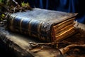 Timeworn Ancient book on wooden table. Generate Ai