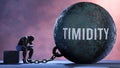 Timidity and an alienated suffering human. A metaphor showing Timidity as a huge prisoner's ball bringing pain and keepi Royalty Free Stock Photo