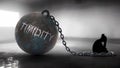 Timidity - a metaphorical view of a woman struggle with timidity. Trapped alone and chained to a burden of Timidity. Con Royalty Free Stock Photo