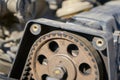 timing belt installed on the old engine in a car, close up of an old worn out timing belt on a motor engine Royalty Free Stock Photo