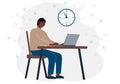 Timing concept in work or training. Illustration of a man in a workspace with a laptop