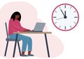 Timing concept in work or training. Illustration of a woman in a workspace with a laptop