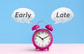 Timing and deadline concepts ideas with late,early text and cute alarm clock on pastel color Royalty Free Stock Photo