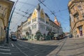 View at one intersection of tram tracks in a historic neighborhood in Timisoara