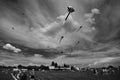 TIMISOARA, ROMANIA- 06.01.20187 Colorful kites fill the sky. Black and white shot. Royalty Free Stock Photo