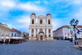Timisoara,Romania January 17 2024: Holy trinity column and Roman catholic cathedral at the union square in romanian city Timisoara