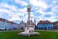 Timisoara,Romania January 17 2024: Holy trinity column and Roman catholic cathedral at the union square in romanian city Timisoara