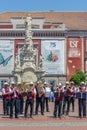 Fanfare singers, ethnic Germans, playing at musical instruments