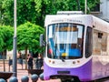 Number 2 city tram on tracks in Timisoara. Public transport society STPT