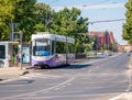 Number 1 city tram on tracks in Timisoara. Public transport society STPT