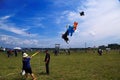 TIMISOARA, ROMANIA- 06.01.2018 People lift colorful different shape of kites up in the air